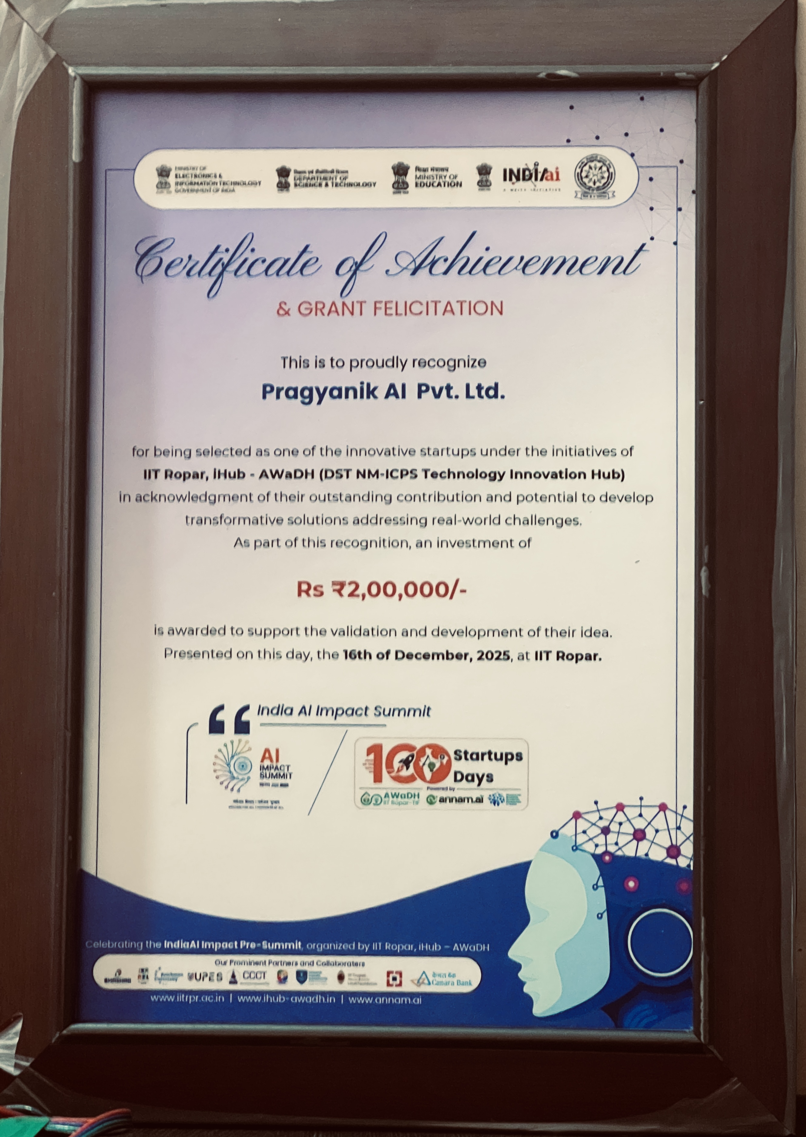 Grant Felicitation – India AI Impact Summit (IIT Ropar, iHub AWaDH)