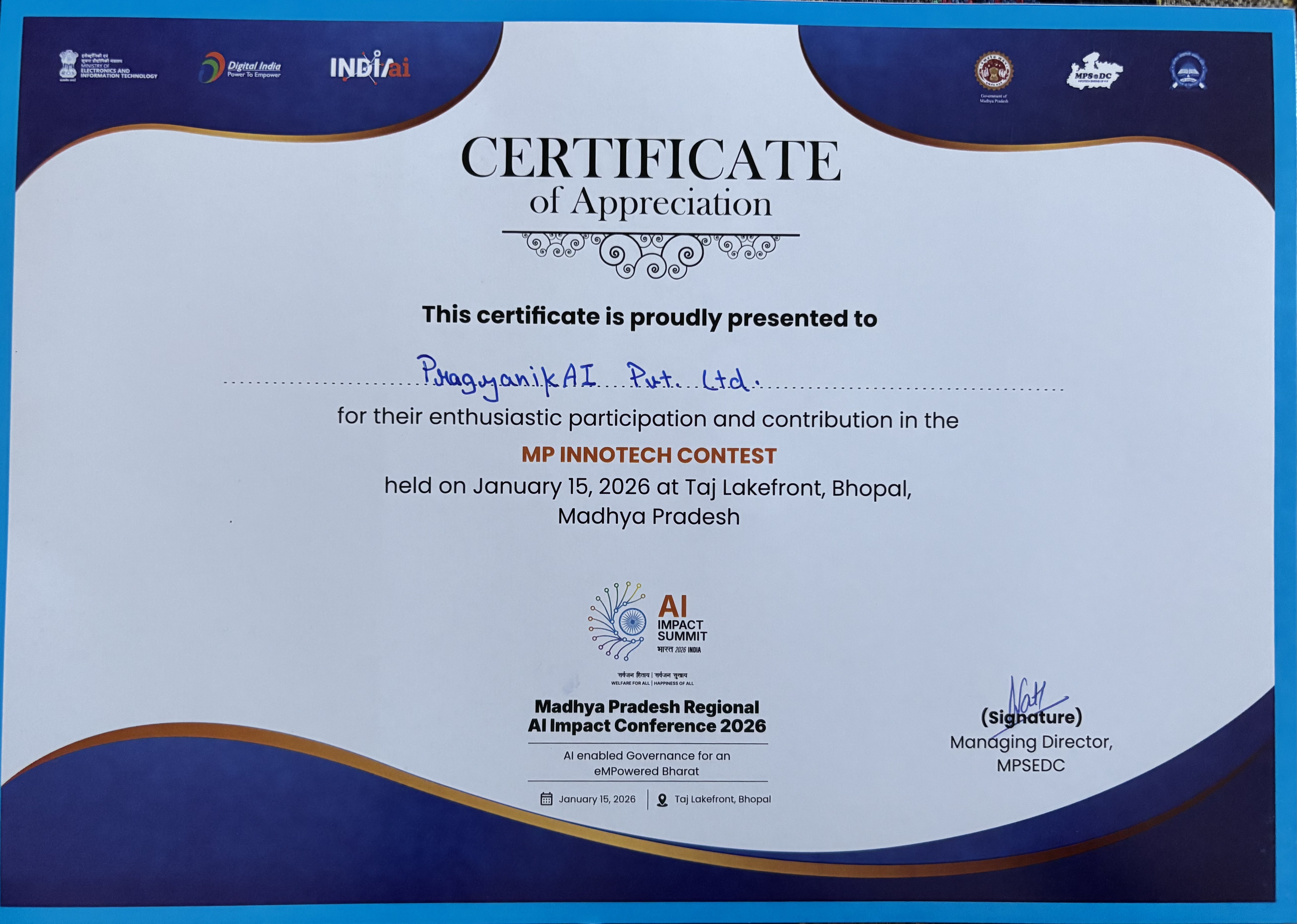 Certificate of Appreciation – MP Innotech Contest 2026