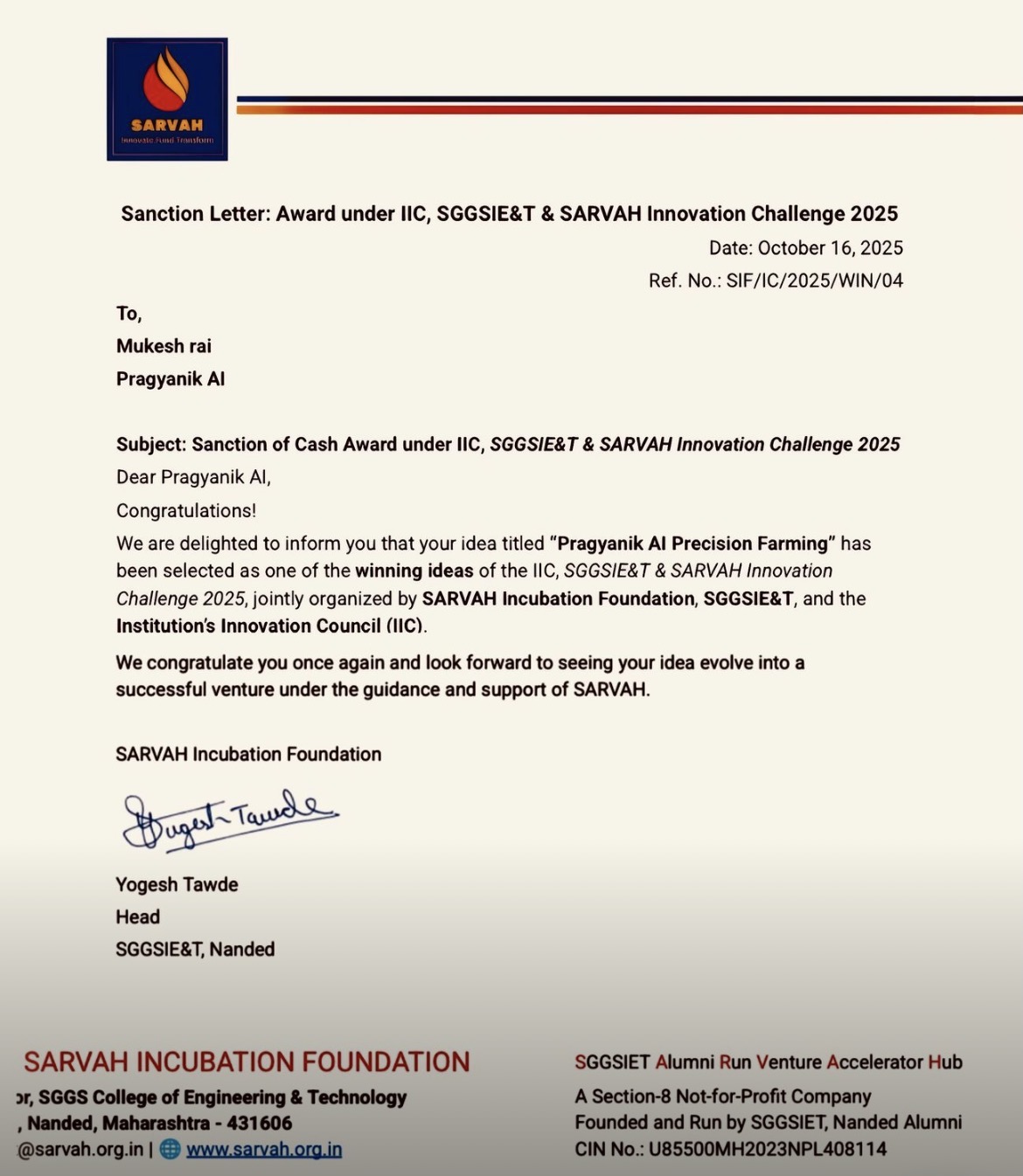 Winner – SARVAH Innovation Challenge 2025