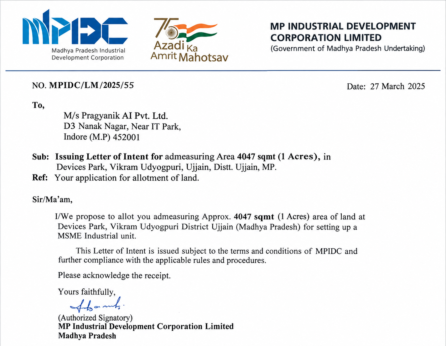 Land Allotment Approval – MP Industrial Development Corporation