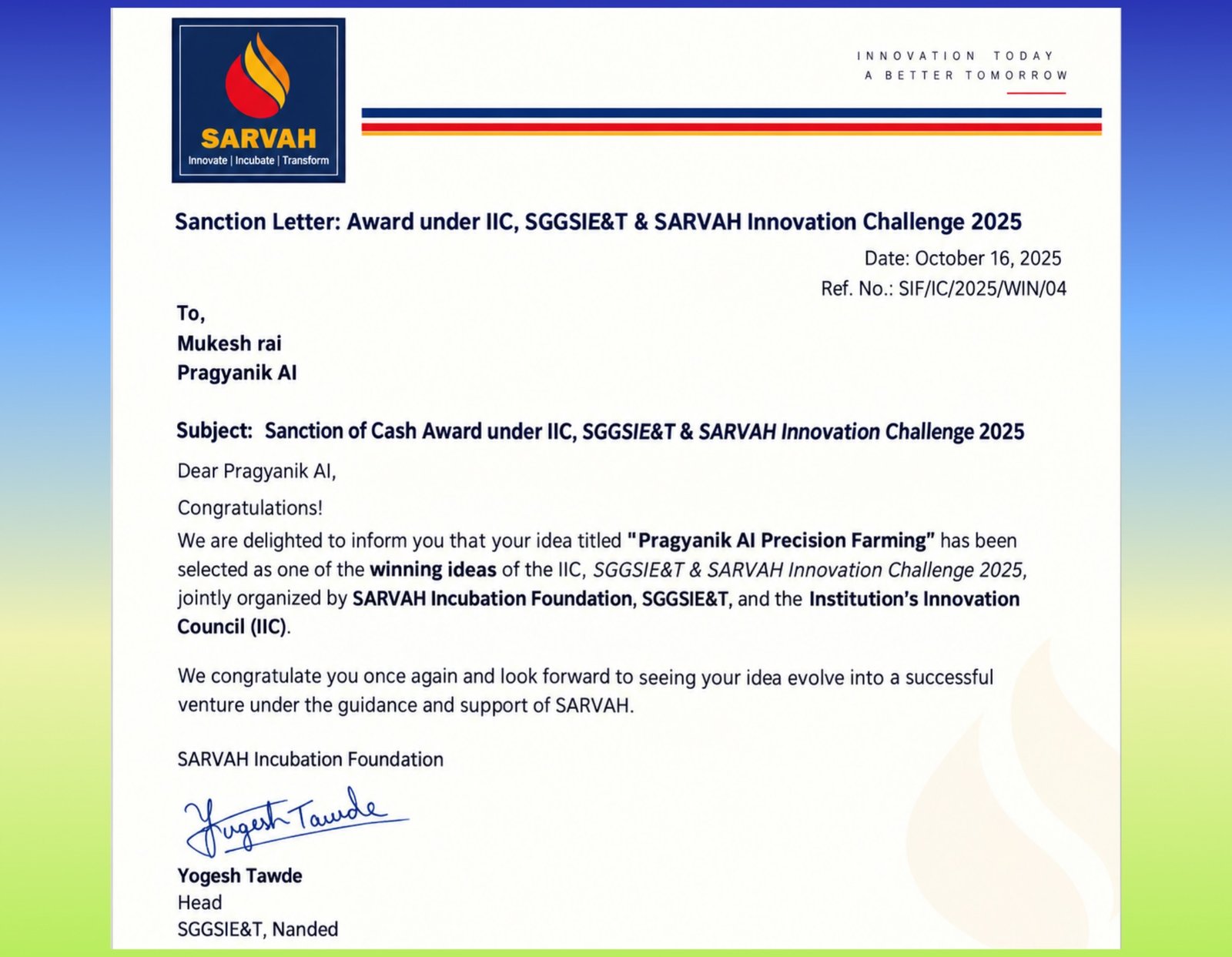Winner – SARVAH Innovation Challenge 2025