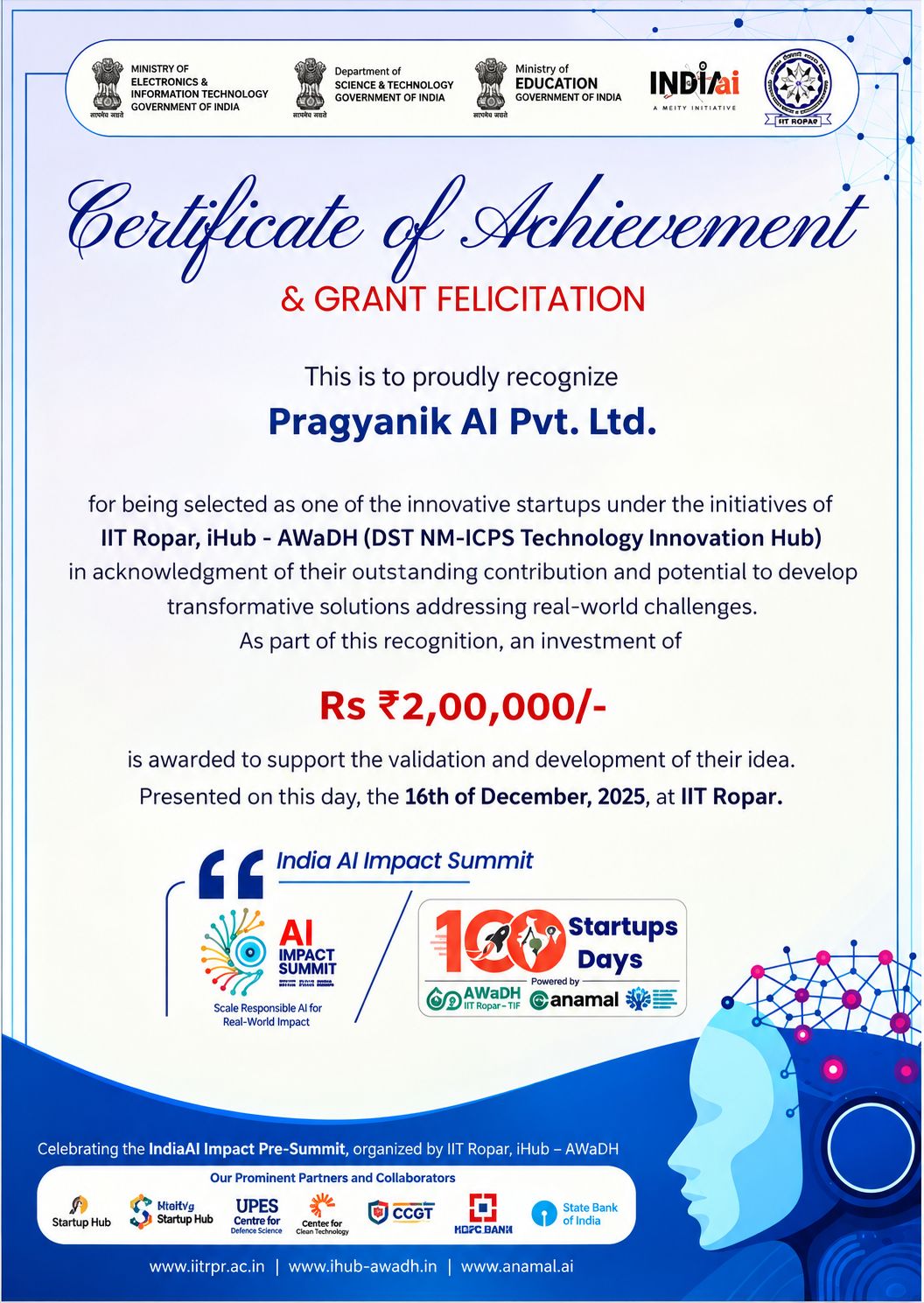 Grant Felicitation – India AI Impact Summit (IIT Ropar, iHub AWaDH)